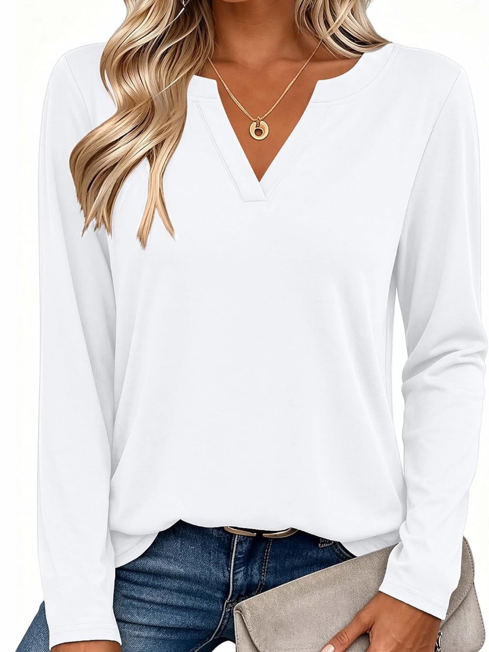 Women’s Zeagoo White V-Neck Long Sleeve Top Size Medium